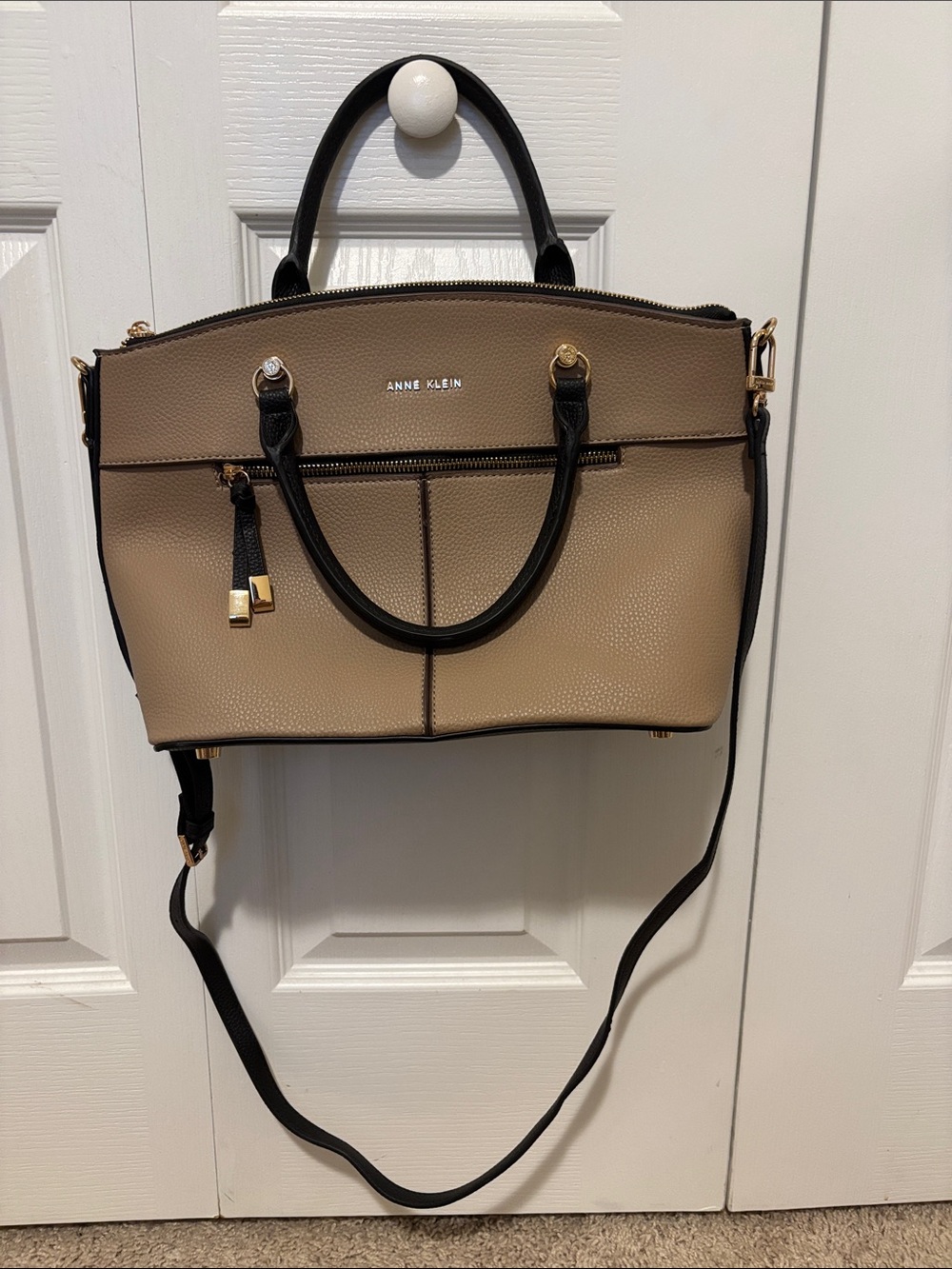 Anne Klein Beige Pebbled Satchel with Black Trim